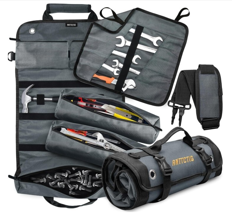 Heavy Duty Tool Roll Up Bag 6-in-1 Detachable Tool Organizer w/ Pouches – Grey