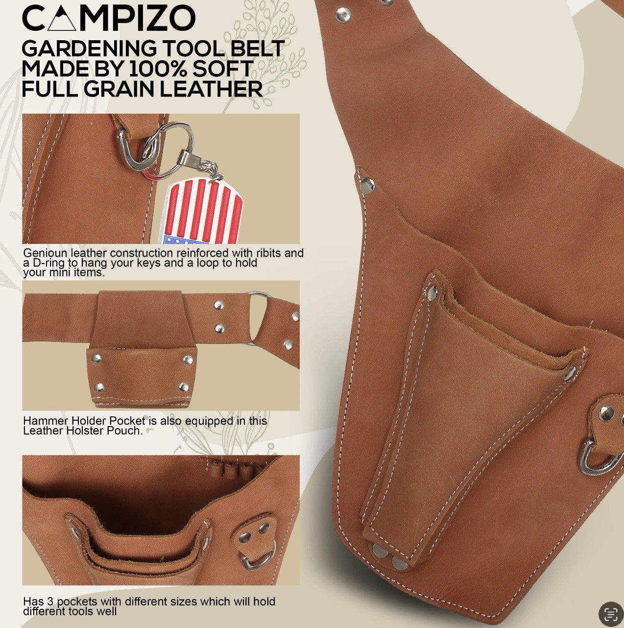 Leather Garden Tool Belt Utility Belt, Carpenter Electrician Tool Pouch Hammer