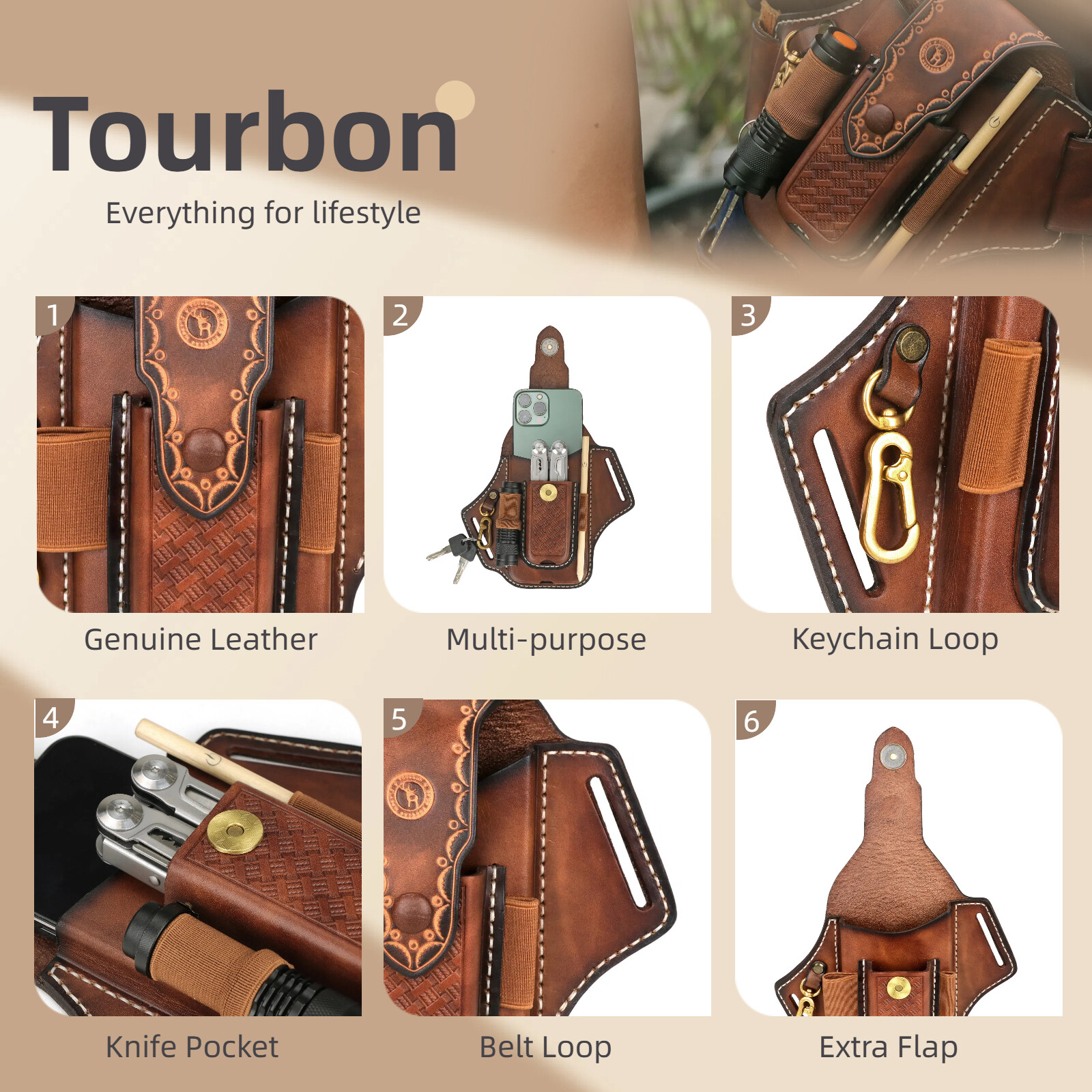 Tourbon Leather Phone Case EDC Bag Knife Sheath Belt Holster Flashlight Pouch