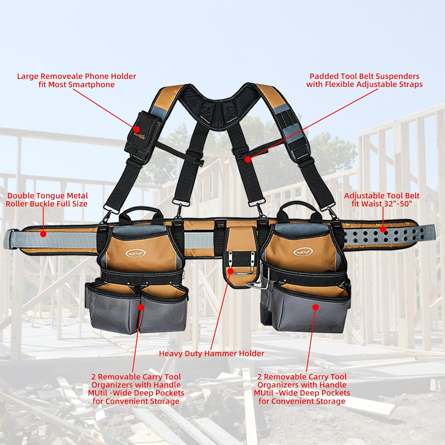 28-Pocket Pro Framer’S Rig Combo Apron Tool Belt and Heavy Duty Padded Suspender