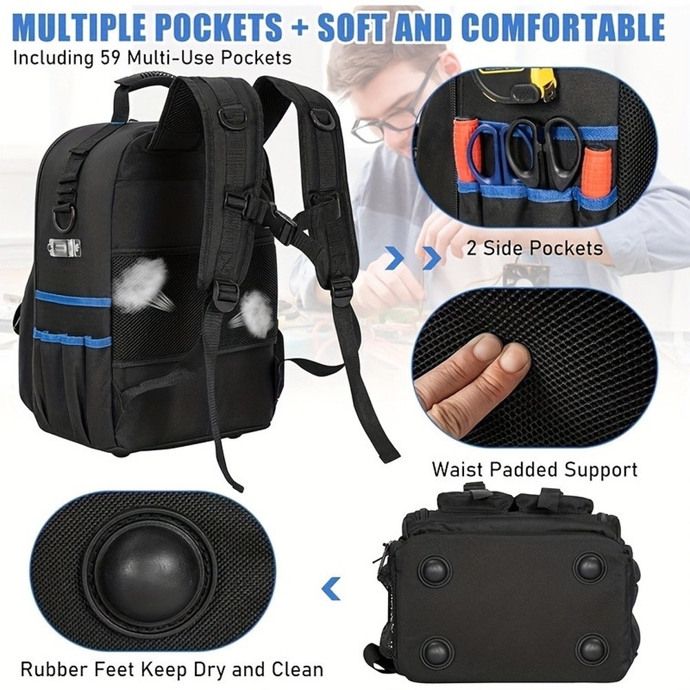 Tool Backpack with Movable Base Plate 30x16x40cm Black Fabric Construction