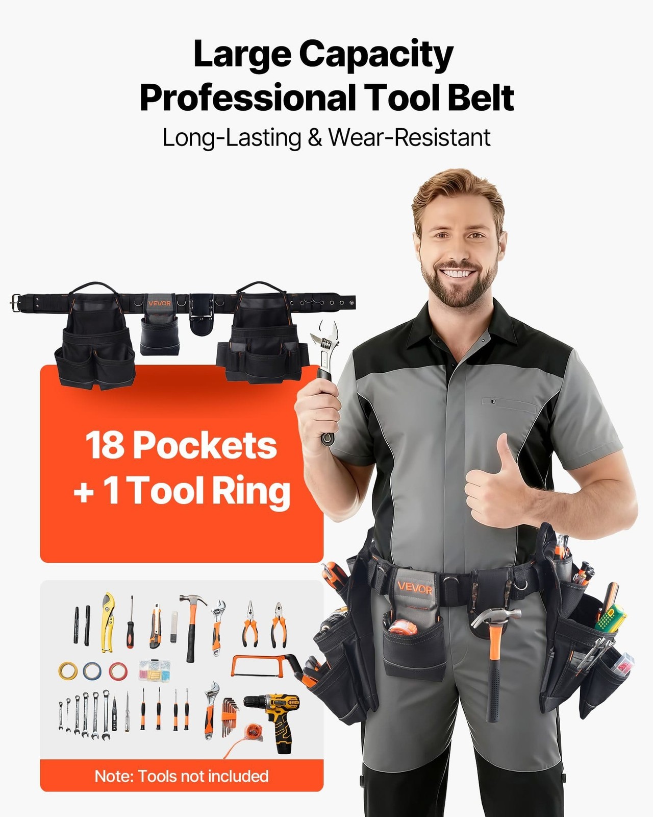 VEVOR DWSS2502 Tool Belt 18 Pocket Professional Tool Pouch Heavy Duty 31-51in
