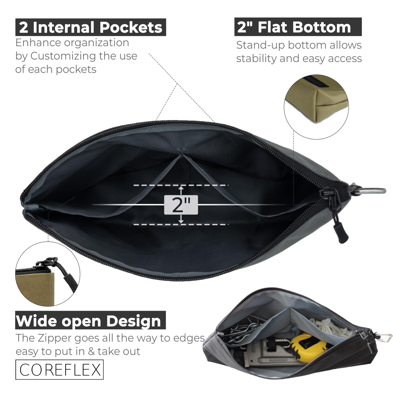 COREFLEX 2 Pack Premium Tool Pouch Zipper Bag 12X7X2, 2 Pack, Grey, Black