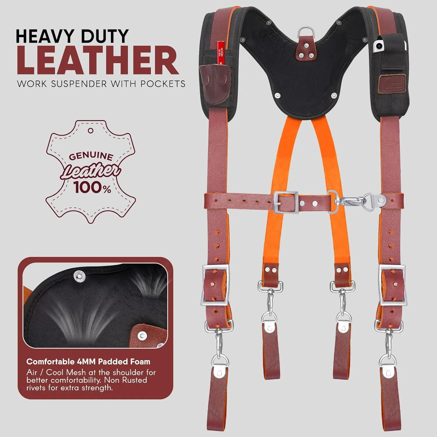 Leather Work Suspender with Cell Phone Pocket | Fully-Adjustable Padded Heavy Du