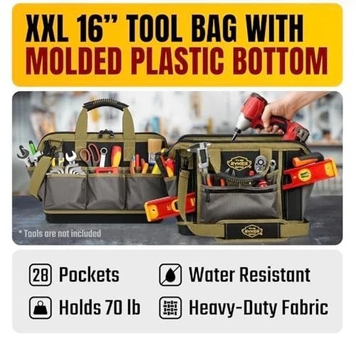 Heavy Duty Tool Bag 16 Inch 28 Pockets Waterproof 1680D Shoulder Strap