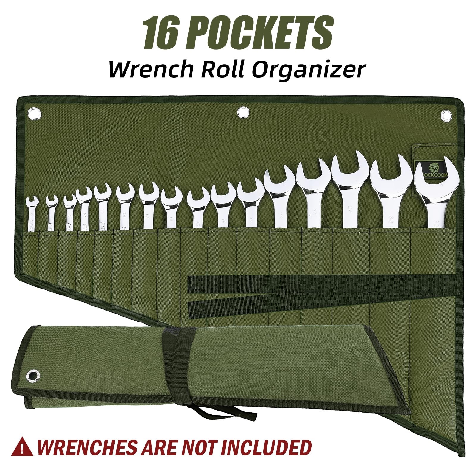 ROCKCOON Wrench Roll Organizer 16 Pockets, Pouch Up with Green