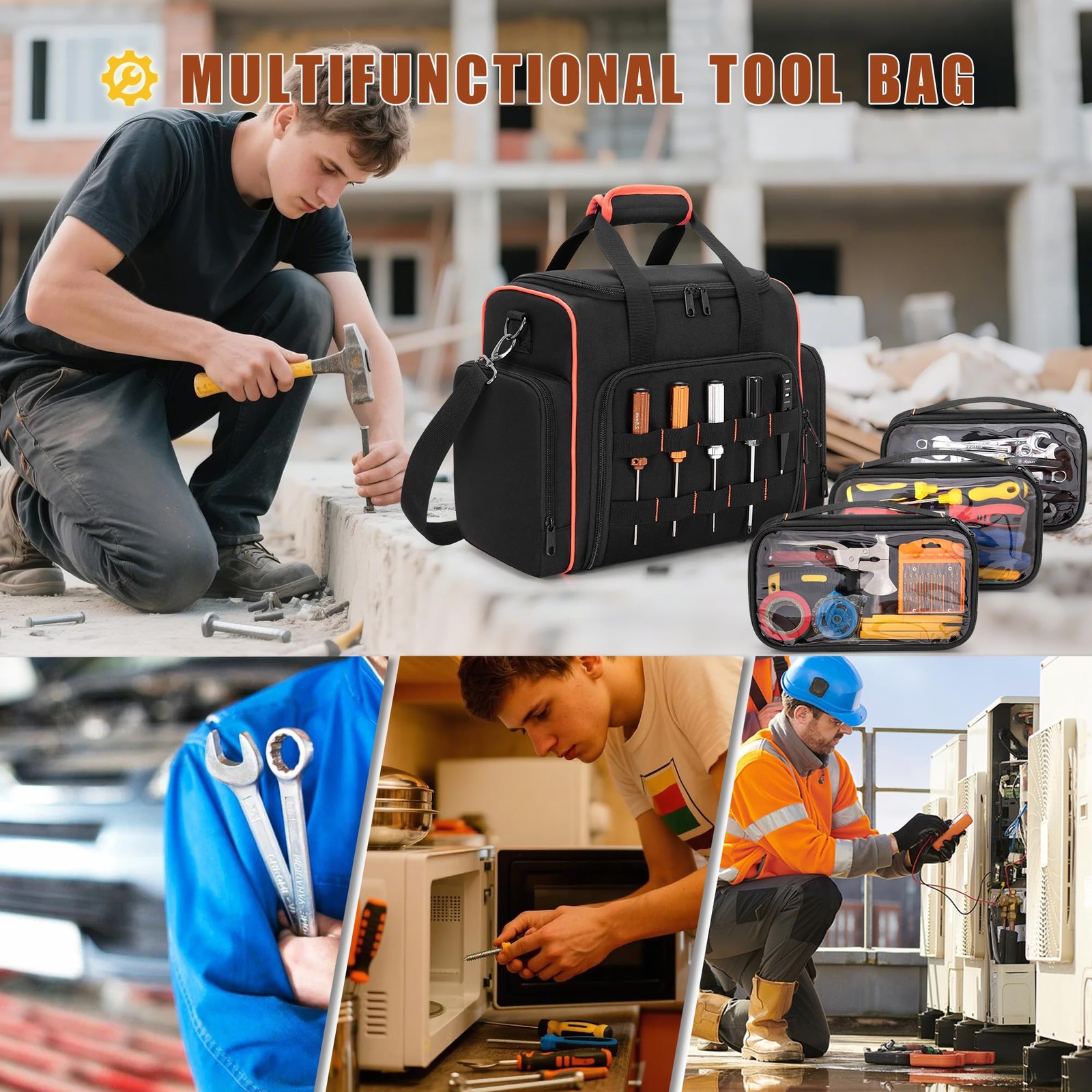 Marscamd Tool Bag with 3 Removable Cases, 2 Layers Black Red Binding