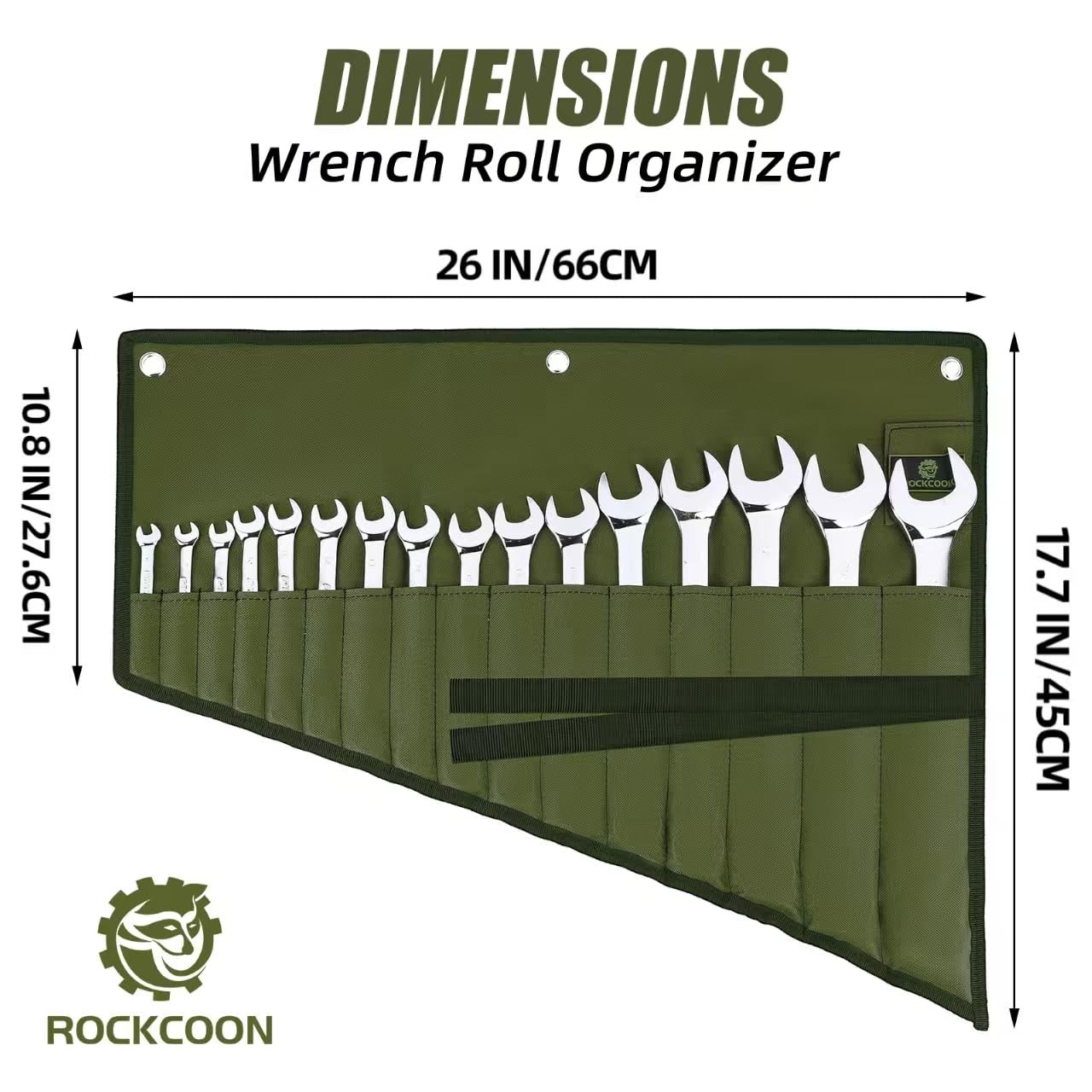 ROCKCOON Wrench Roll Organizer 16 Pockets, Pouch Up with Green
