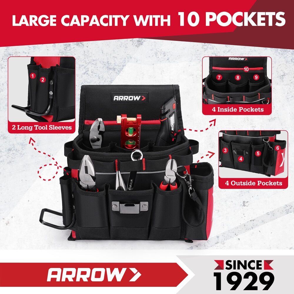 ARROW Heavy-Duty Adjustable Tool Belt Electrician Utility Tool Pouch w/10 Pocket