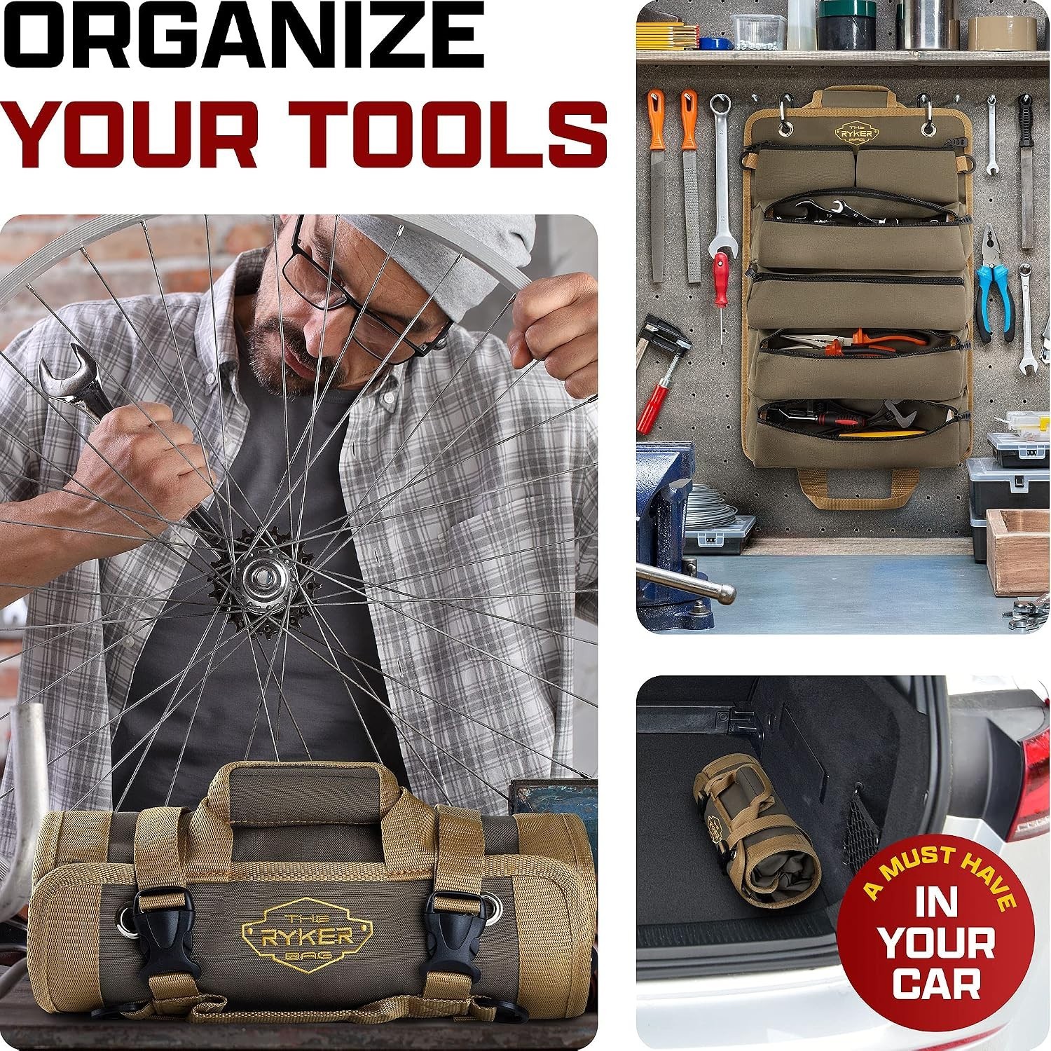 Portable Heavy Duty Tool Roll Up Bag – 6 Compartments, Water Resistant Khaki