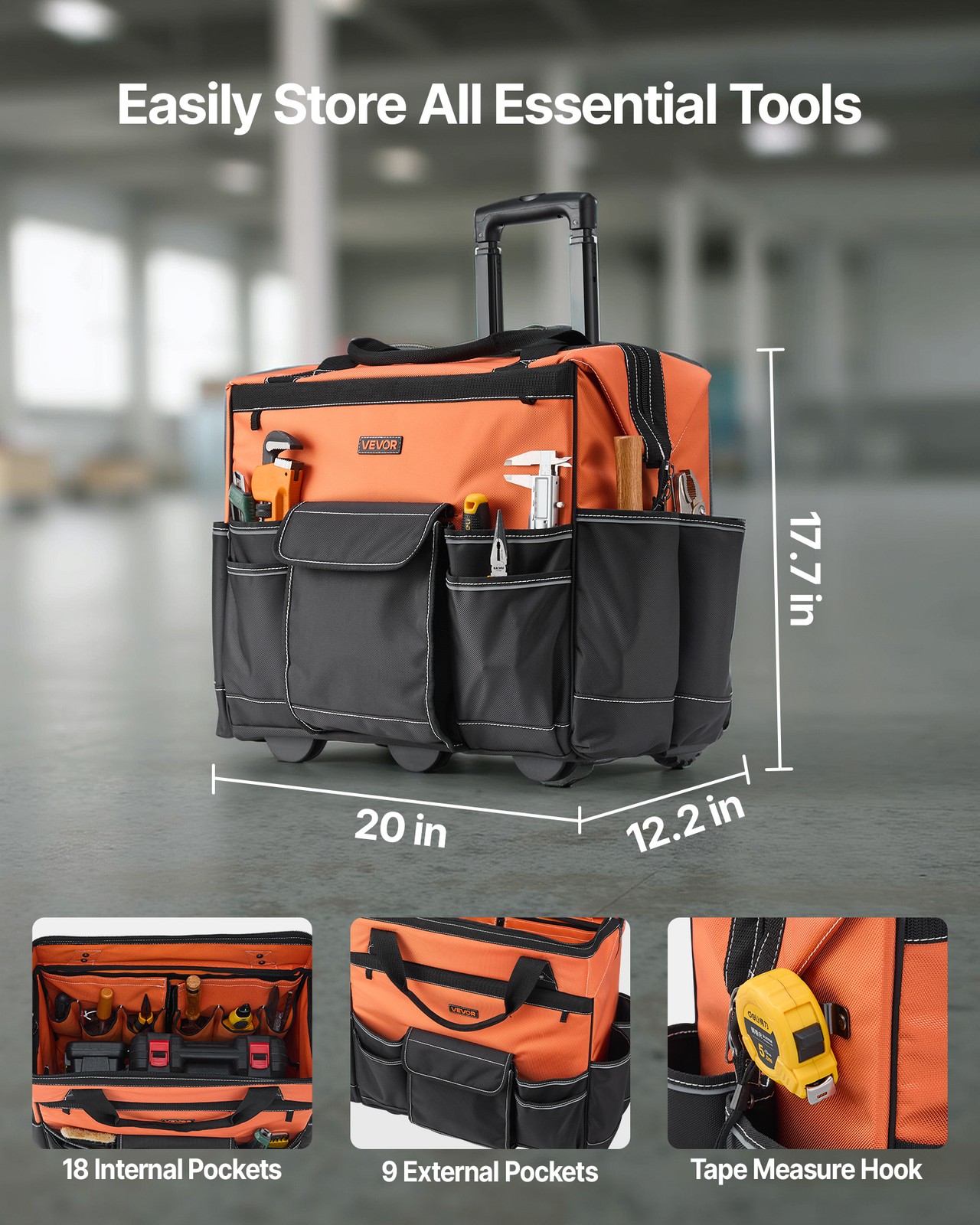 VEVOR Rolling Tool Bag 27 Pockets Heavy Duty Roller Tool Bag on Wheels