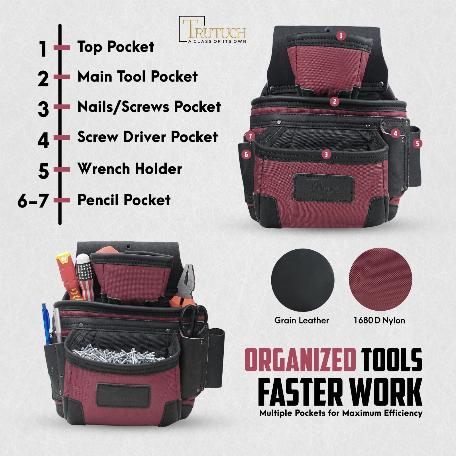 TRUTUCH Nylon and Leather Tool Belt with Leather Work Suspender | Construction