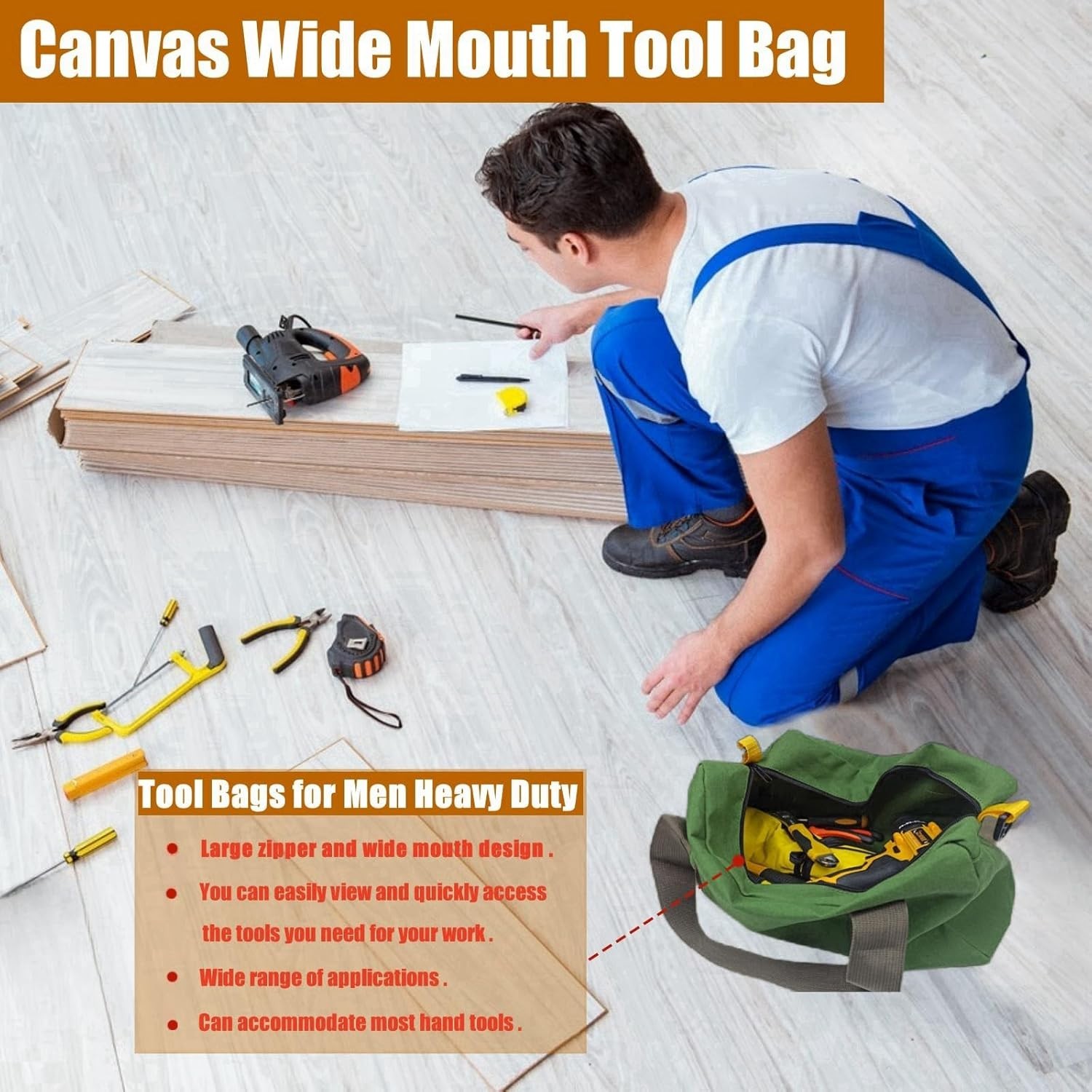 Canvas Wide Mouth Tool Bag, Large Capacity Tool Bags 11.8″L x 4.72″W x 7.09″H