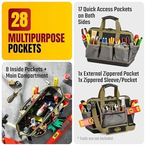 Heavy Duty Tool Bag 16 Inch 28 Pockets Waterproof 1680D Shoulder Strap