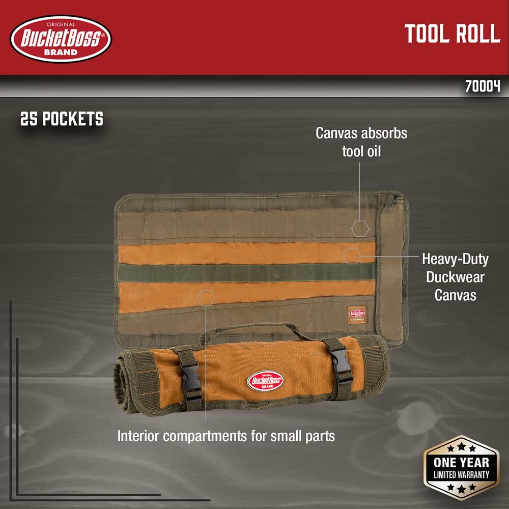 Heavy Duty Canvas Tool Roll Organizer with 25 Pockets and Quick Release Buckles