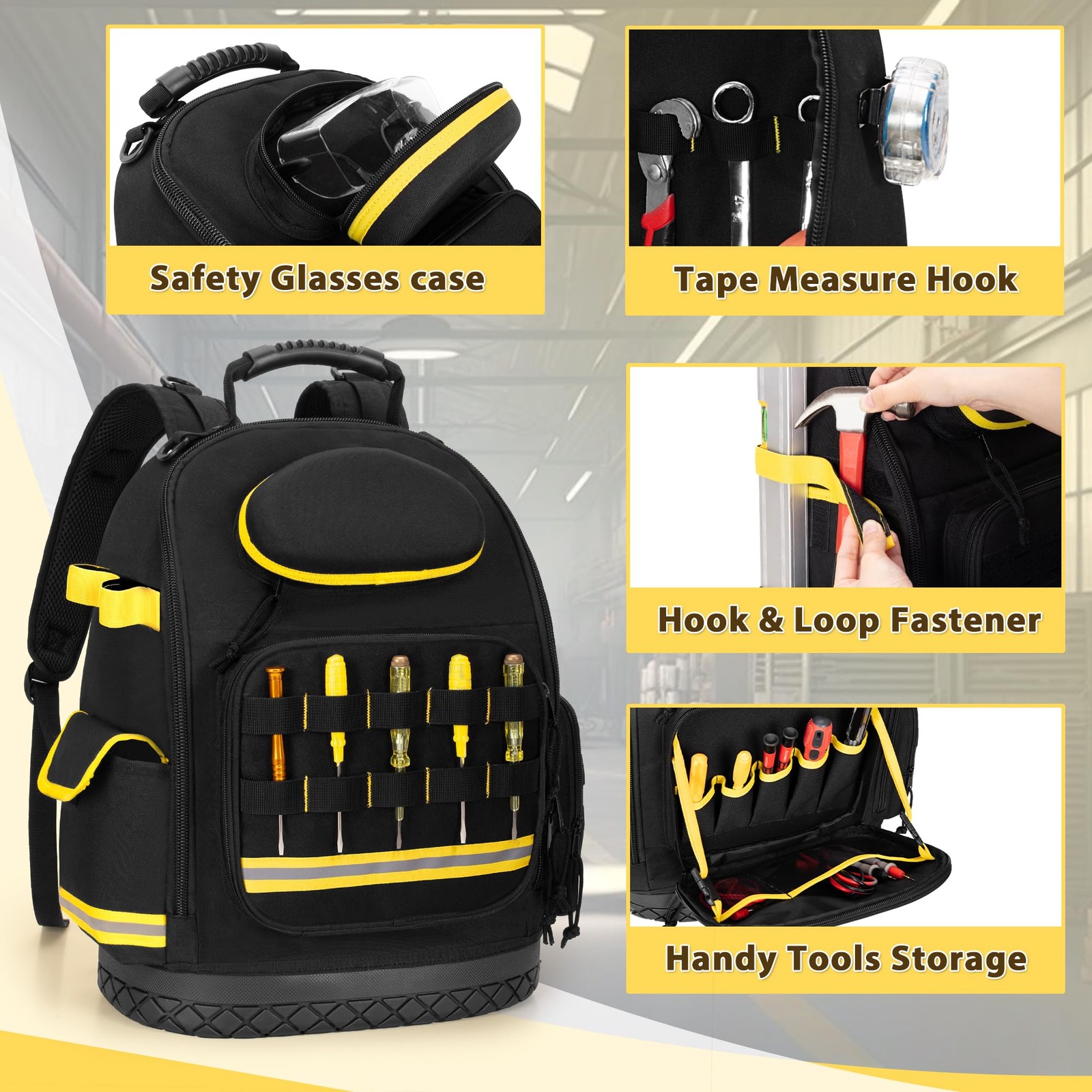 Tool Backpack with Hard Bottom and 3 Pouches, Heavy Duty Tool Organizer Bag f