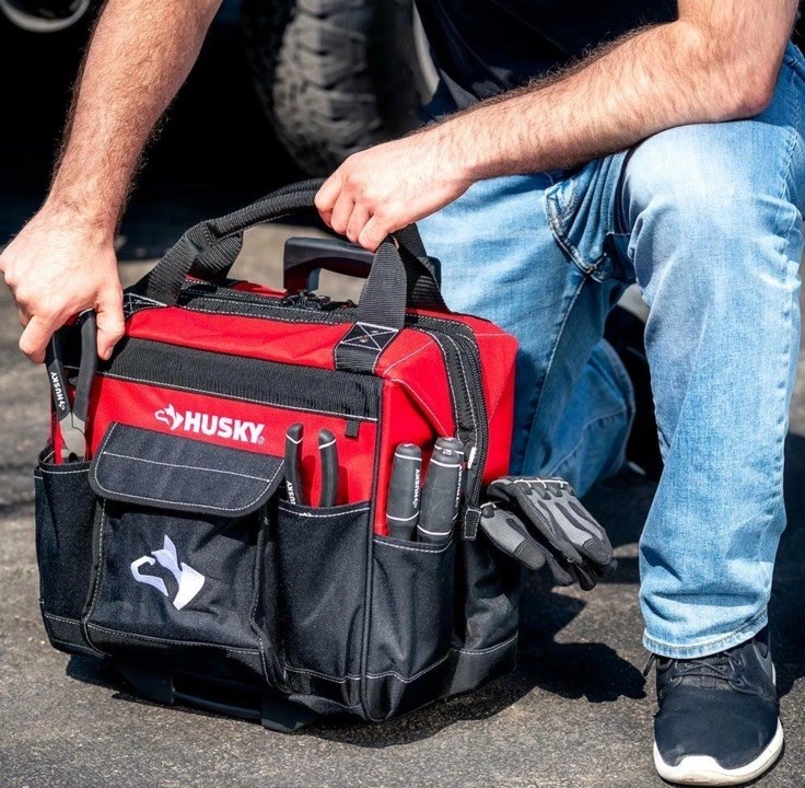 14 in. Zipper Top Rolling Water Resistant Tool Tote Bag in Red with 13 total