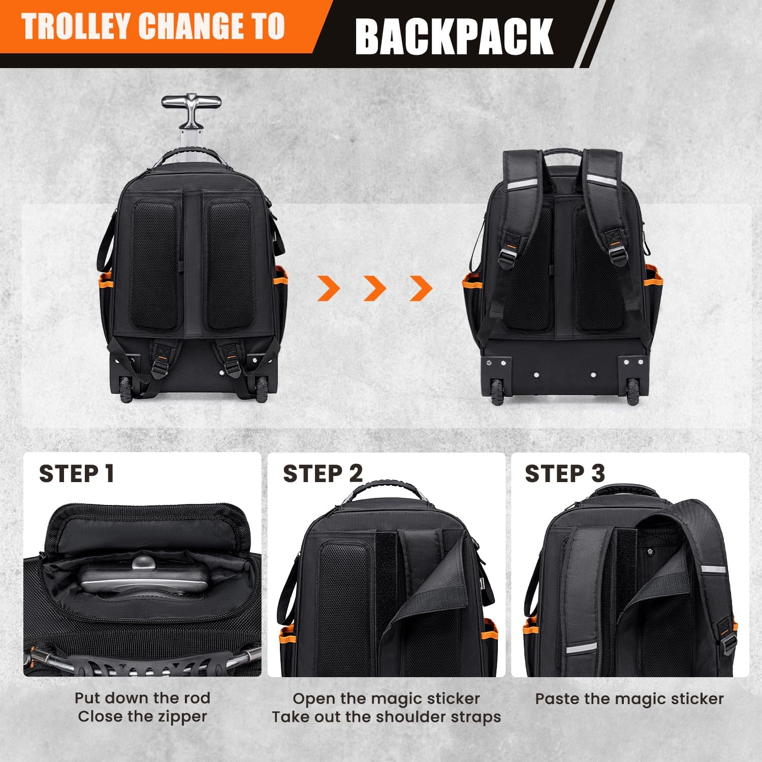 2-In-1 Rolling Tool Backpack Heavy Duty, Rolling Tool Bag with Wheels, 63-Pocket