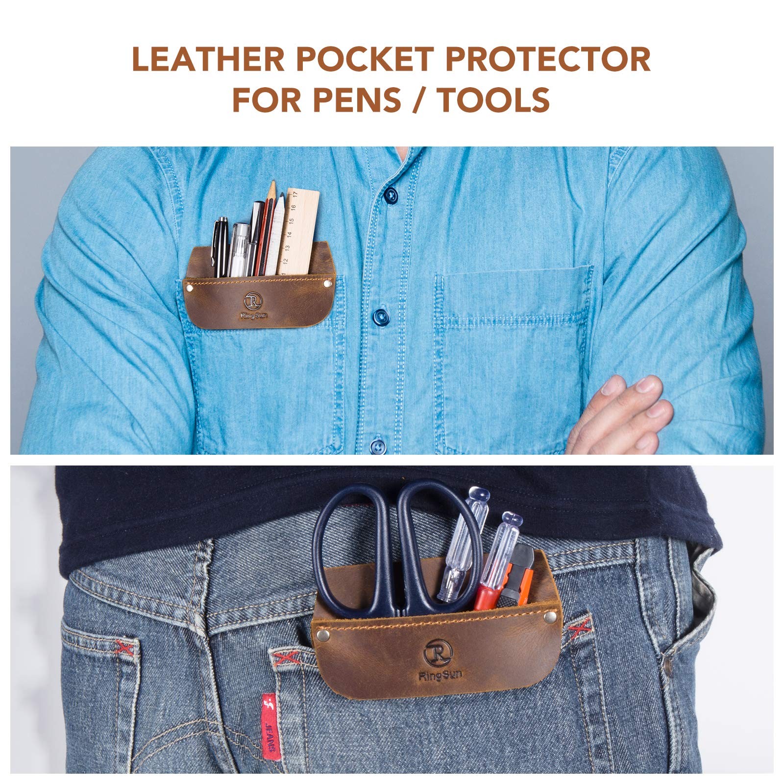 RingSun Genuine Leather Pocket Protector for Men, Durable One Size, Brown