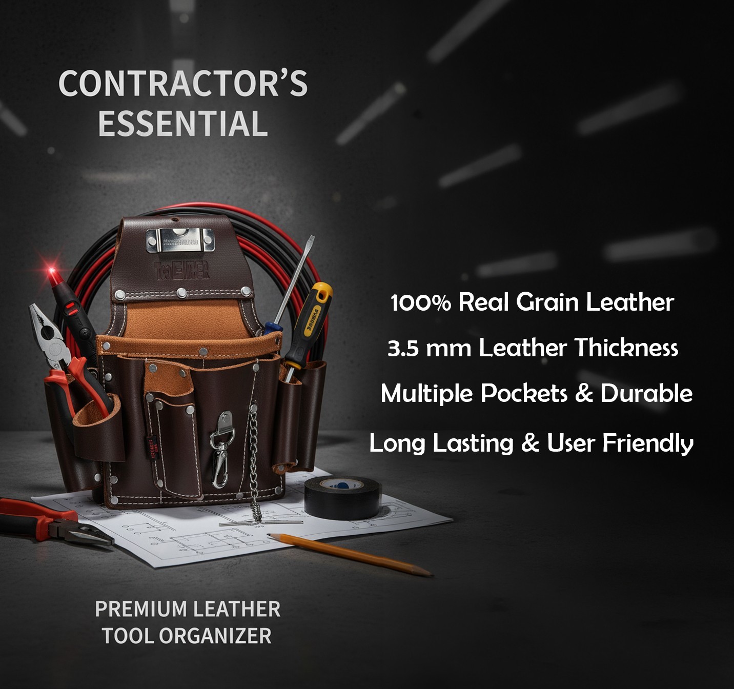 Heavy Duty Leather Electrician Tool Pouch – Professional Multi-Pocket Tool Belt