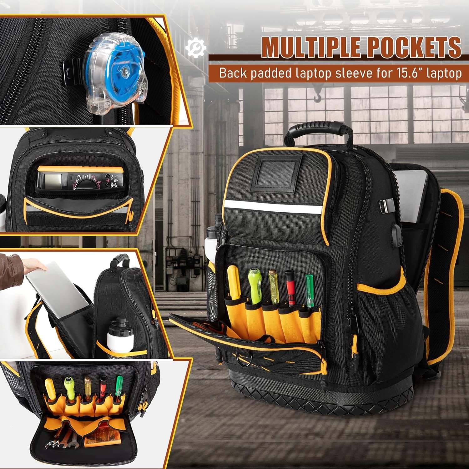 Tool Backpack with Hard Bottom and a Tool Pouch, Heavy Duty Tool Bag