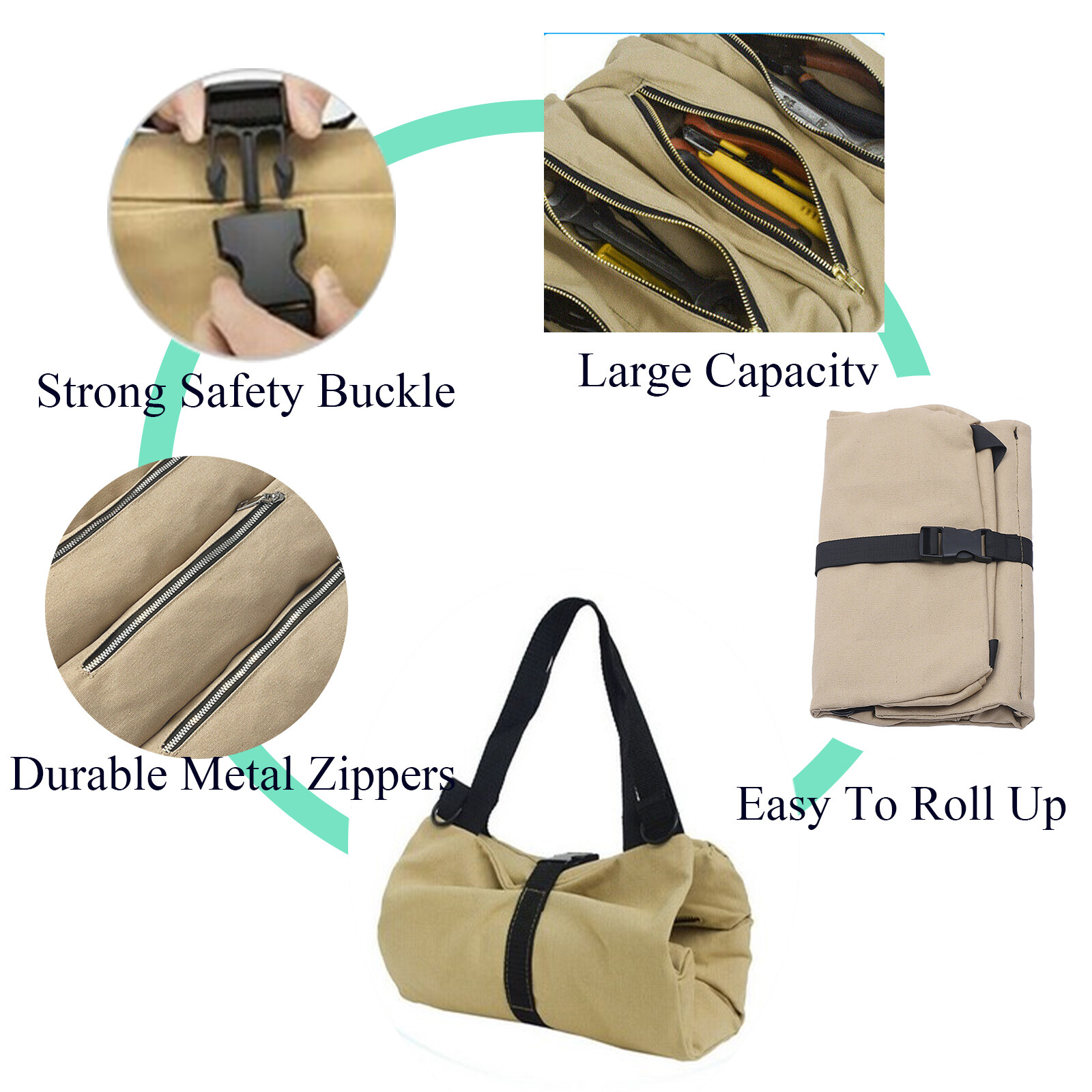 Scratch Resistant Roll Bag Heavy Duty Canvas Roll Up Tool Bag with 5 Pockets