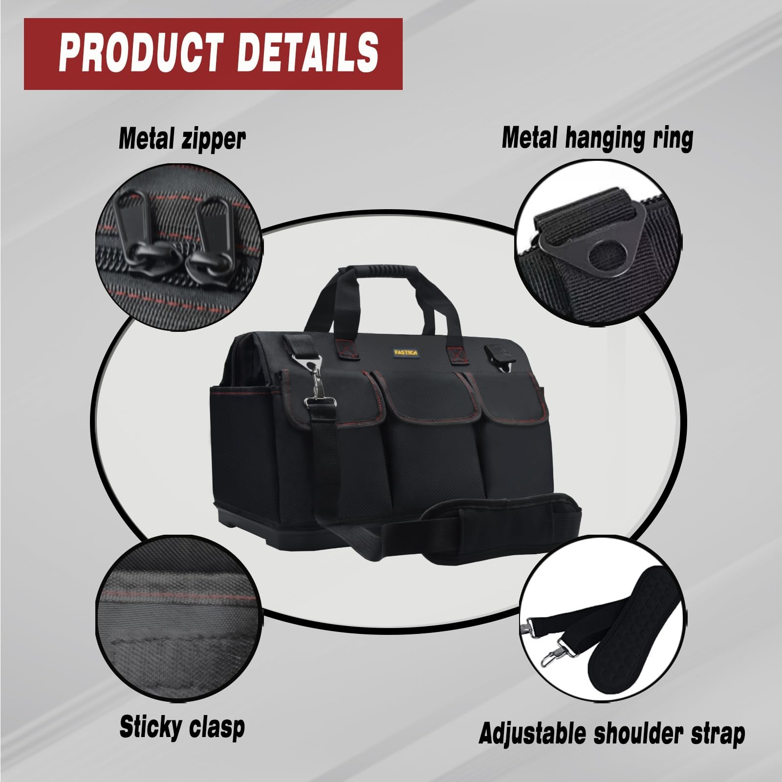 FASTECH 20-inch Heavy Duty Bottom Tools Bag with Wide Mouth 20IN BOTTOM, red