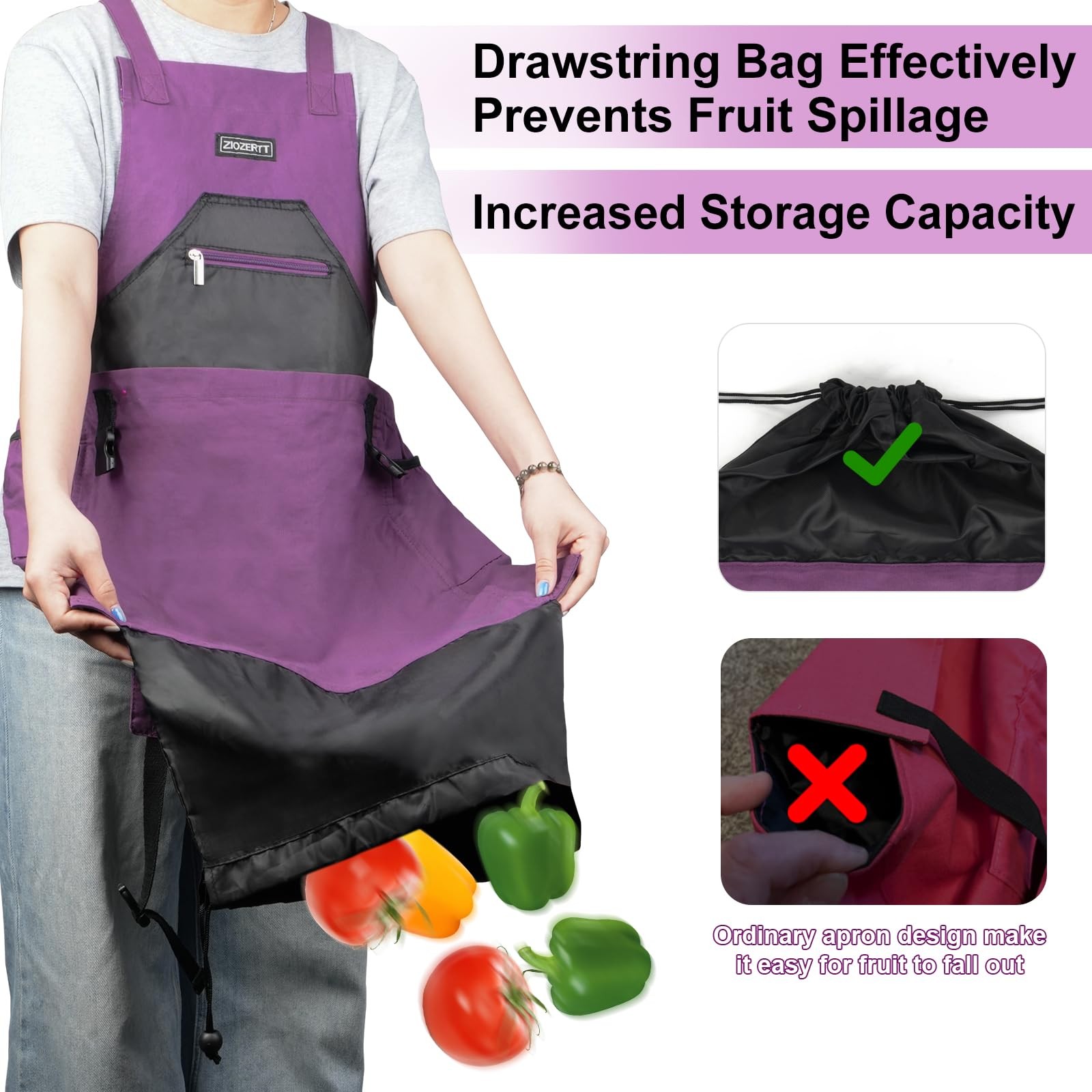 ZIOZERTT Garden Apron,Harvest Apron with Drawstring Bag and One Size, Purple