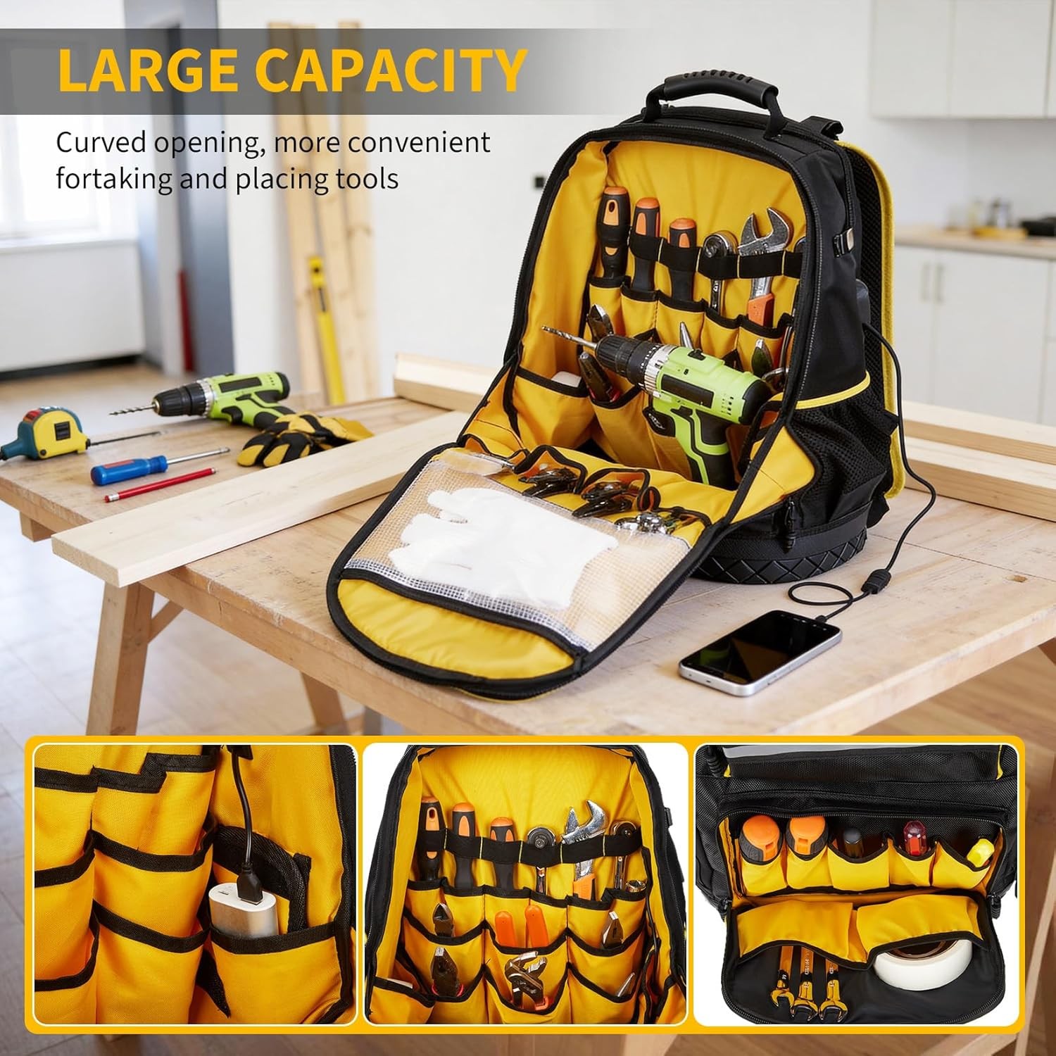 18” Tool Backpack Oxford Fabric Hard Bottom Worker Backpack w/ Multiple Pockets