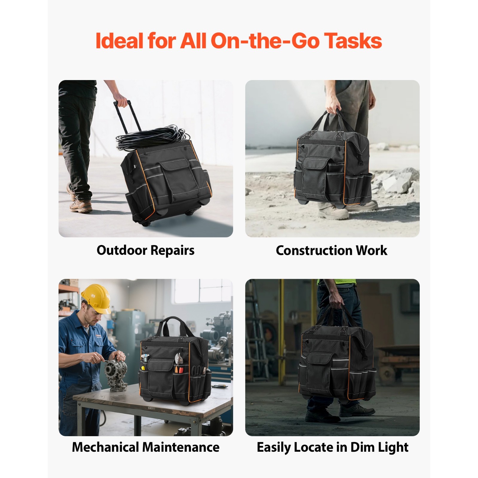 Rolling Tool Bag with Wheels, 110 lbs Load Capacity,25 Pockets,Adjustable Handle