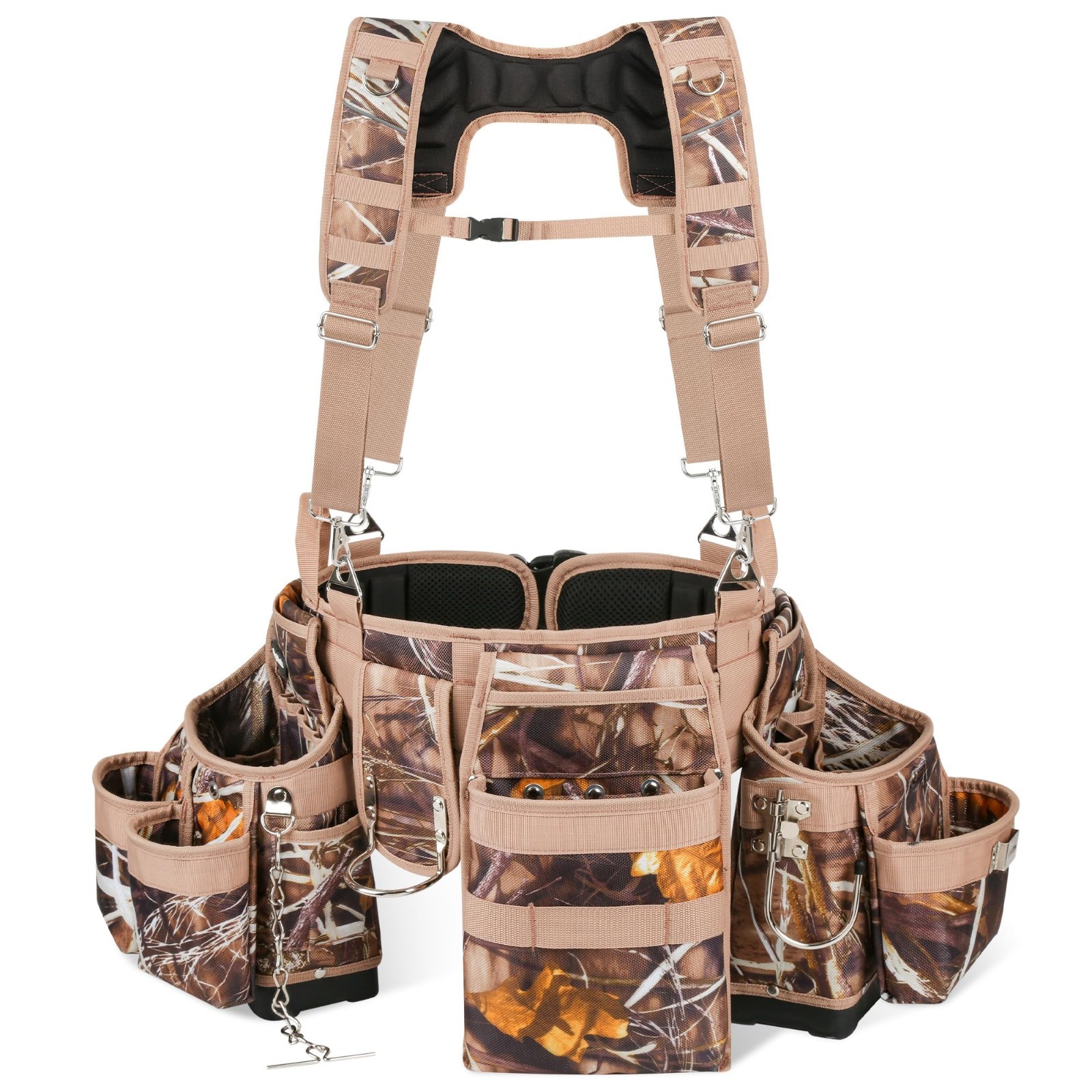 Heavy Duty Camo Tool Belt Set with Suspenders & Pouches, Carpenter Electrician R