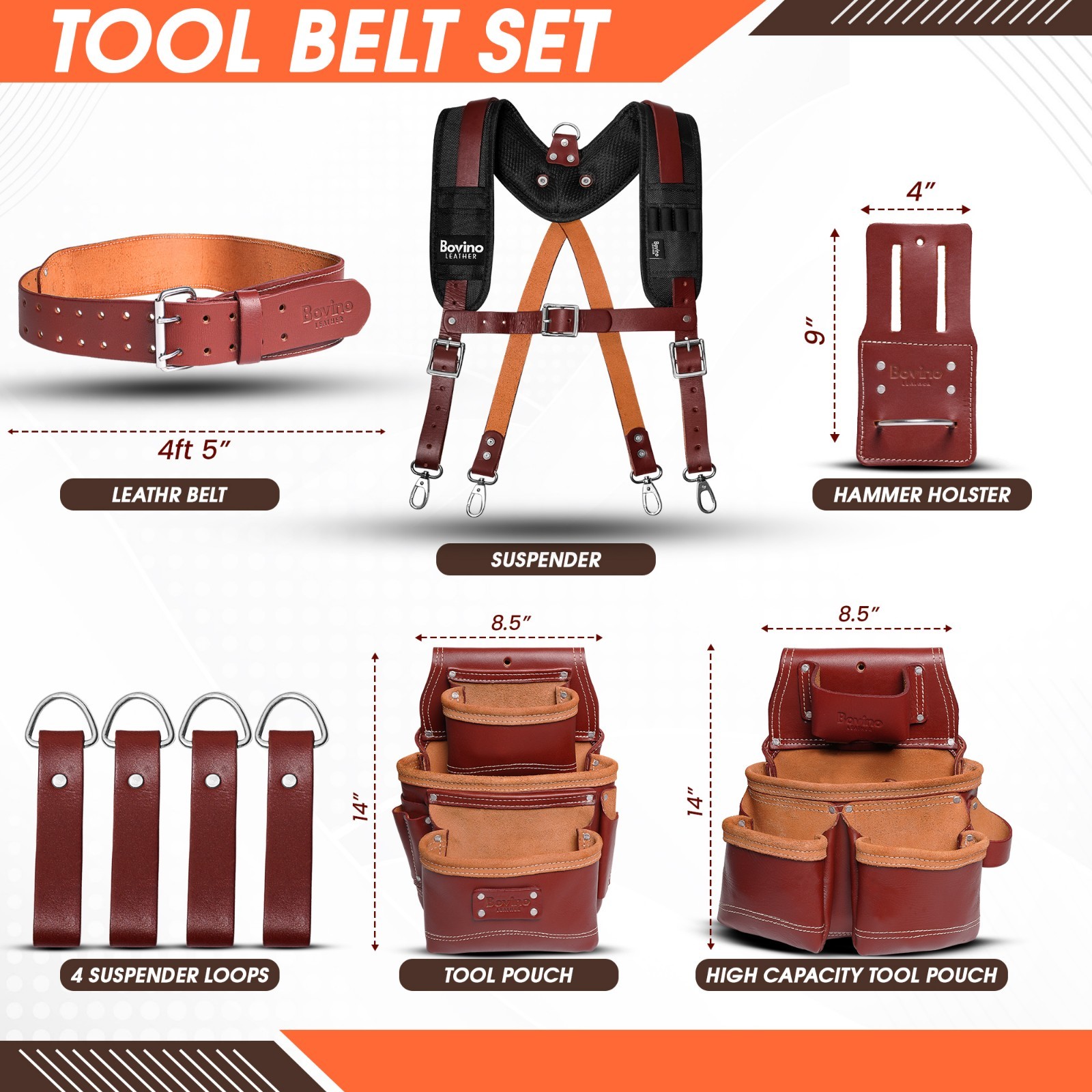 Leather Tool Belt with Suspenders, 20 Pocket Framing Rig for Framer & Carpenters