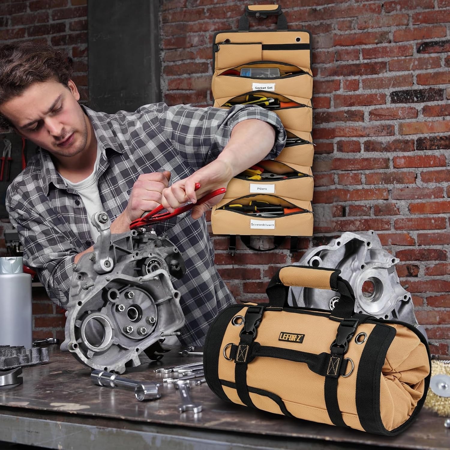 Roll Up Tool Bag with Reinforced Stitching and Scratch-Resistant Fabric