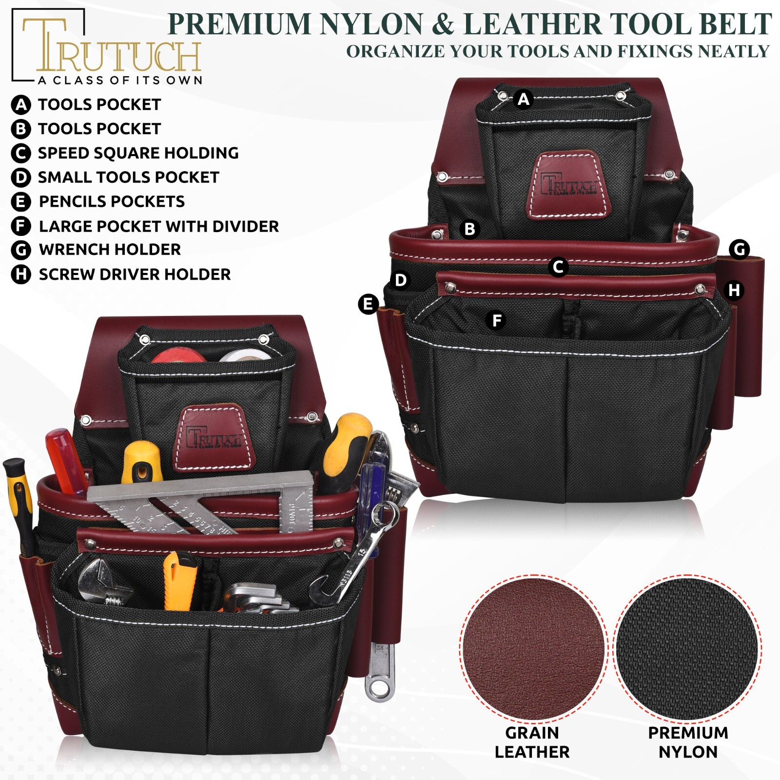 TRUTUCH Nylon and Leather Tool Belt | Framing Tool Bags | Nylon Tool Pouch