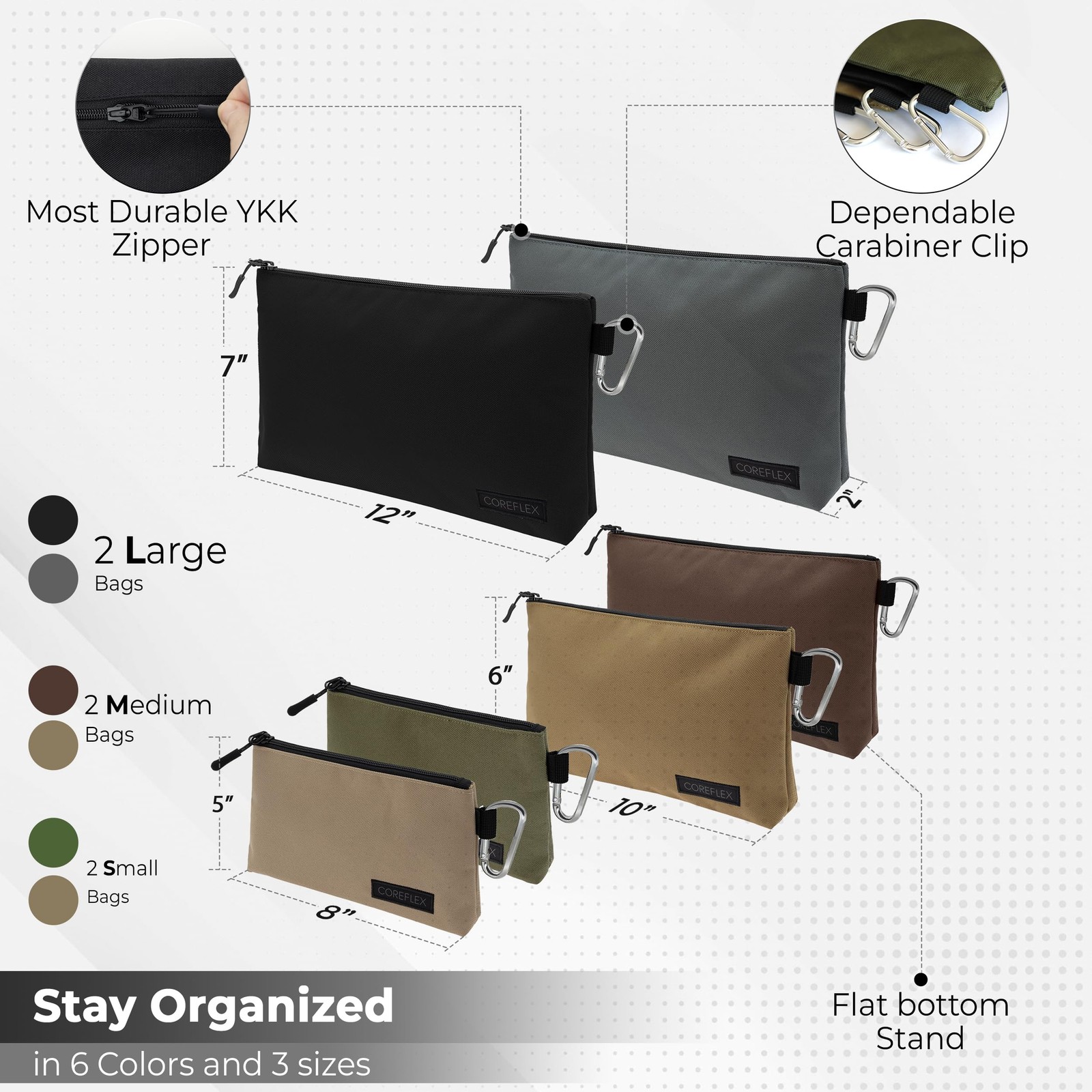 COREFLEX Premium Tool Pouch Zipper Bag, Small 6 pack Combo mixed size Khaki