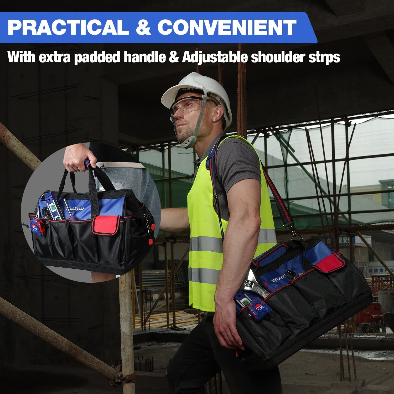 WORKPRO 18-in Tool Bag Tool Organizer Molded Base Open Top Bag w/Shoulder Strap