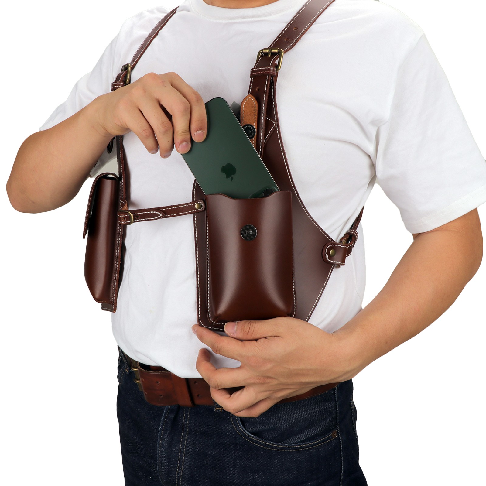 Tourbon Leather Men Harness Tool Holster Underarm Chest Bag Phone Handgun Case