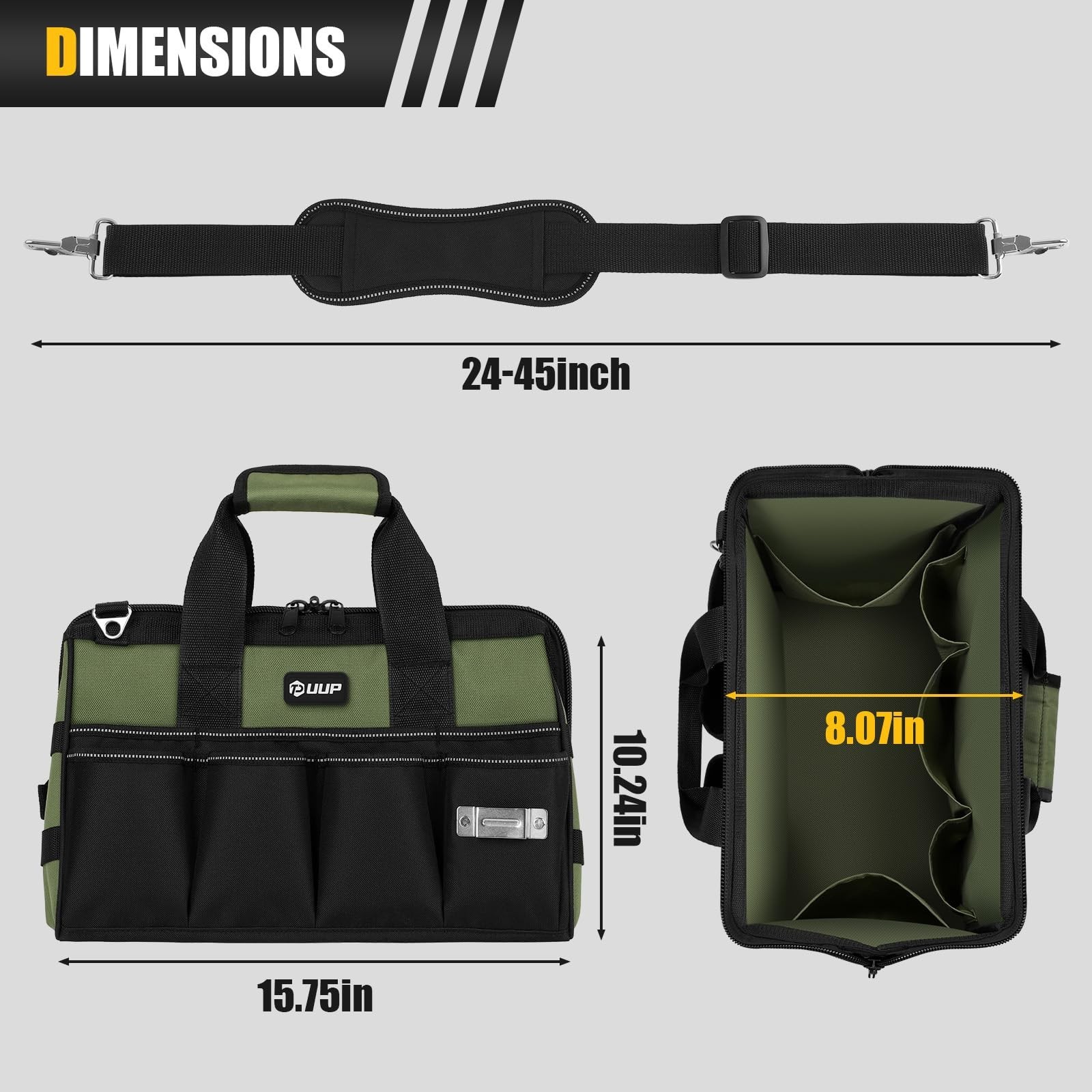 15″ Heavy Duty Tool Bag – 16 Pocket Portable Organizer, Large Zipper Storage, Gi