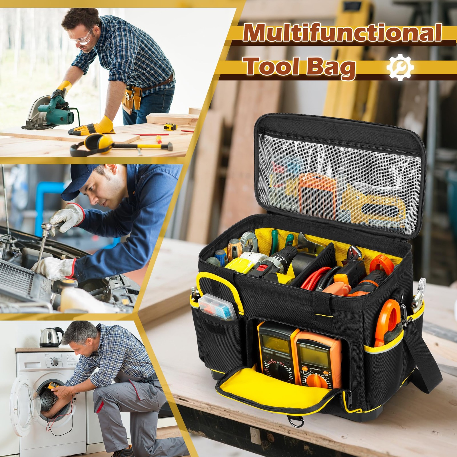 16-inch Tool Bag with Hard Bottom and a Detachable Divider, Heavy Duty Tool Tote