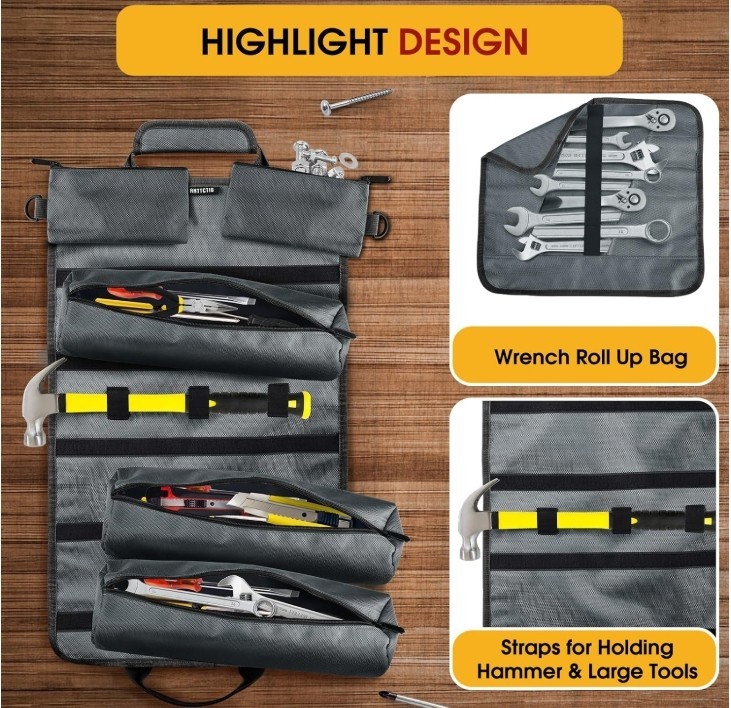 Heavy Duty Tool Roll Up Bag 6-in-1 Detachable Tool Organizer w/ Pouches – Grey