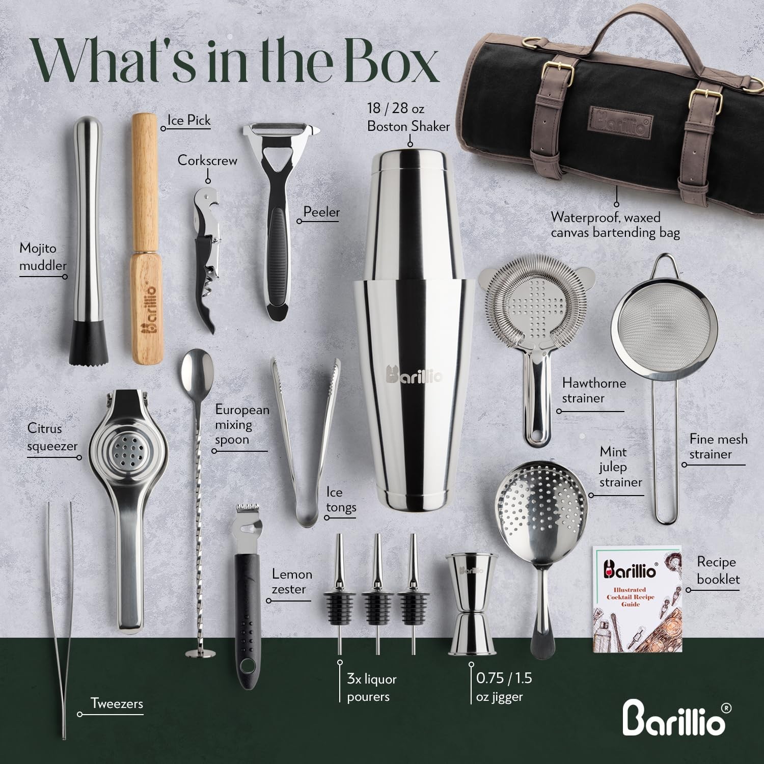 Barillio Bartender Kit Bag – Waxed Canvas, 17-Pc Cocktail Set – Travel Mobile