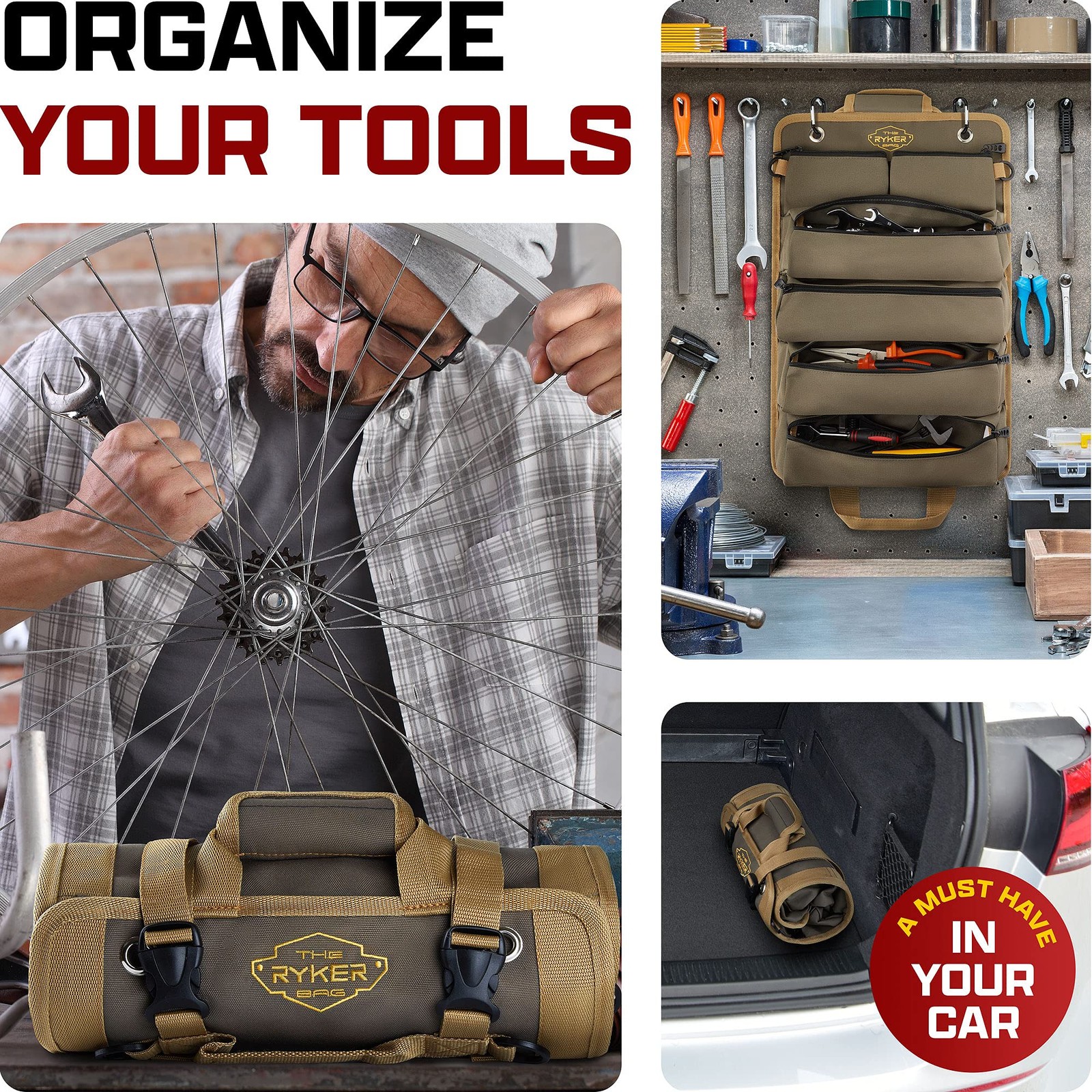 The Ryker Roll Up Tool Bag Organizer Gifts for Dad. Original Roll, Khaki