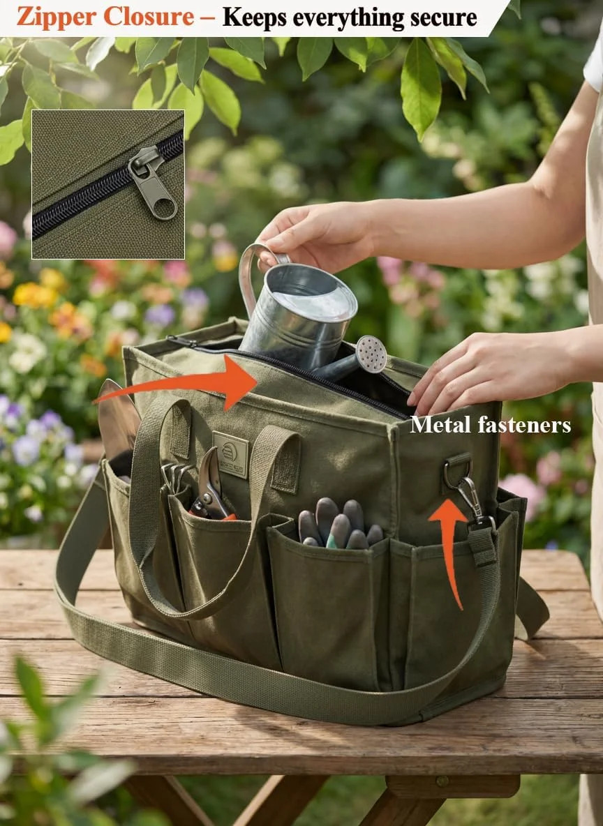 Heavy Duty Canvas Gardening Tote Bag with Pockets, Large Capacity Tool Organizer