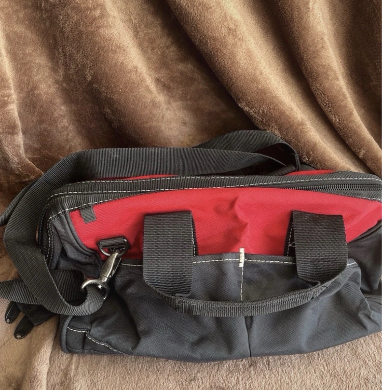 Husky Red/Black Small Fabric Tool Bag w/ Handle, Shoulder Strap, Zipper, 18″