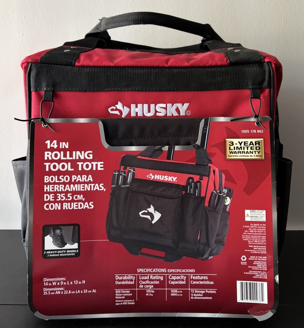 Husky 14 inch 13 Pocket Water Resistant Rolling Tool Bag Holds Up to 80 Lbs NEW