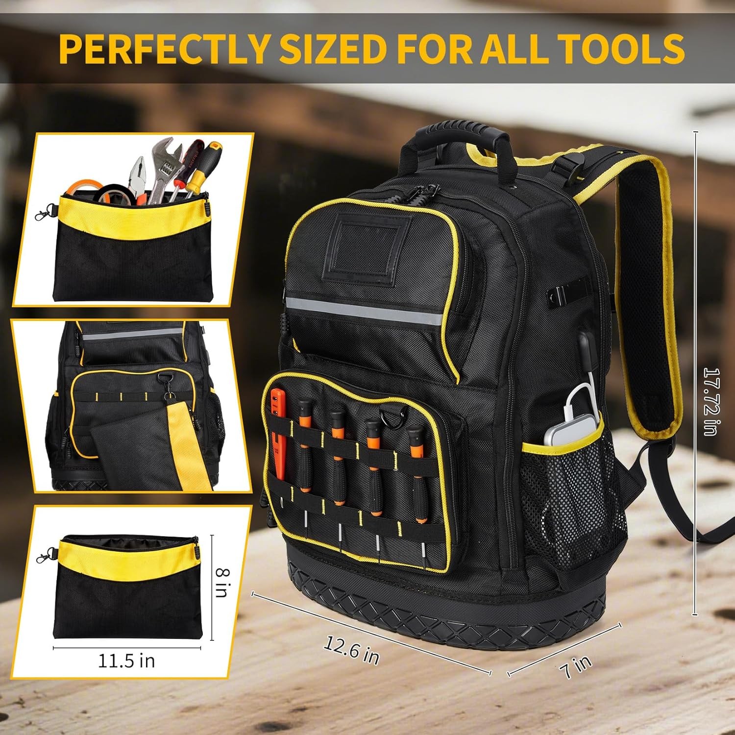18” Tool Backpack Oxford Fabric Hard Bottom Worker Backpack w/ Multiple Pockets