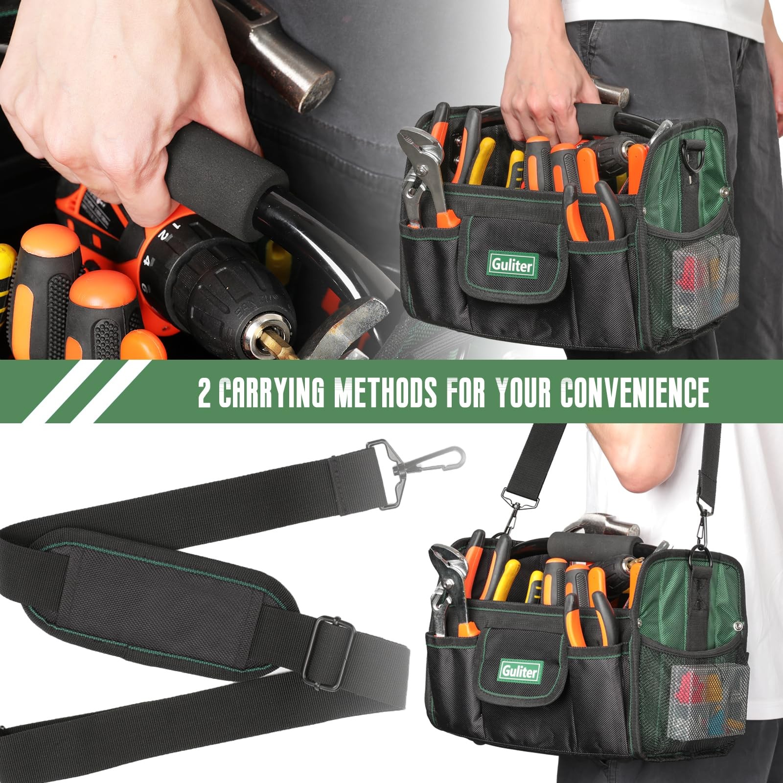 Guliter 11 Inch Small Tool Bag, Open Top Tote with Small, ‎Black&Green
