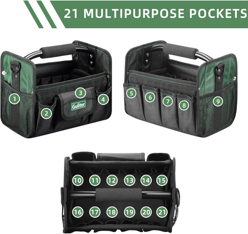Guliter 11 Inch Small Tool Bag, Open Top Tote with Small, ‎Black&Green