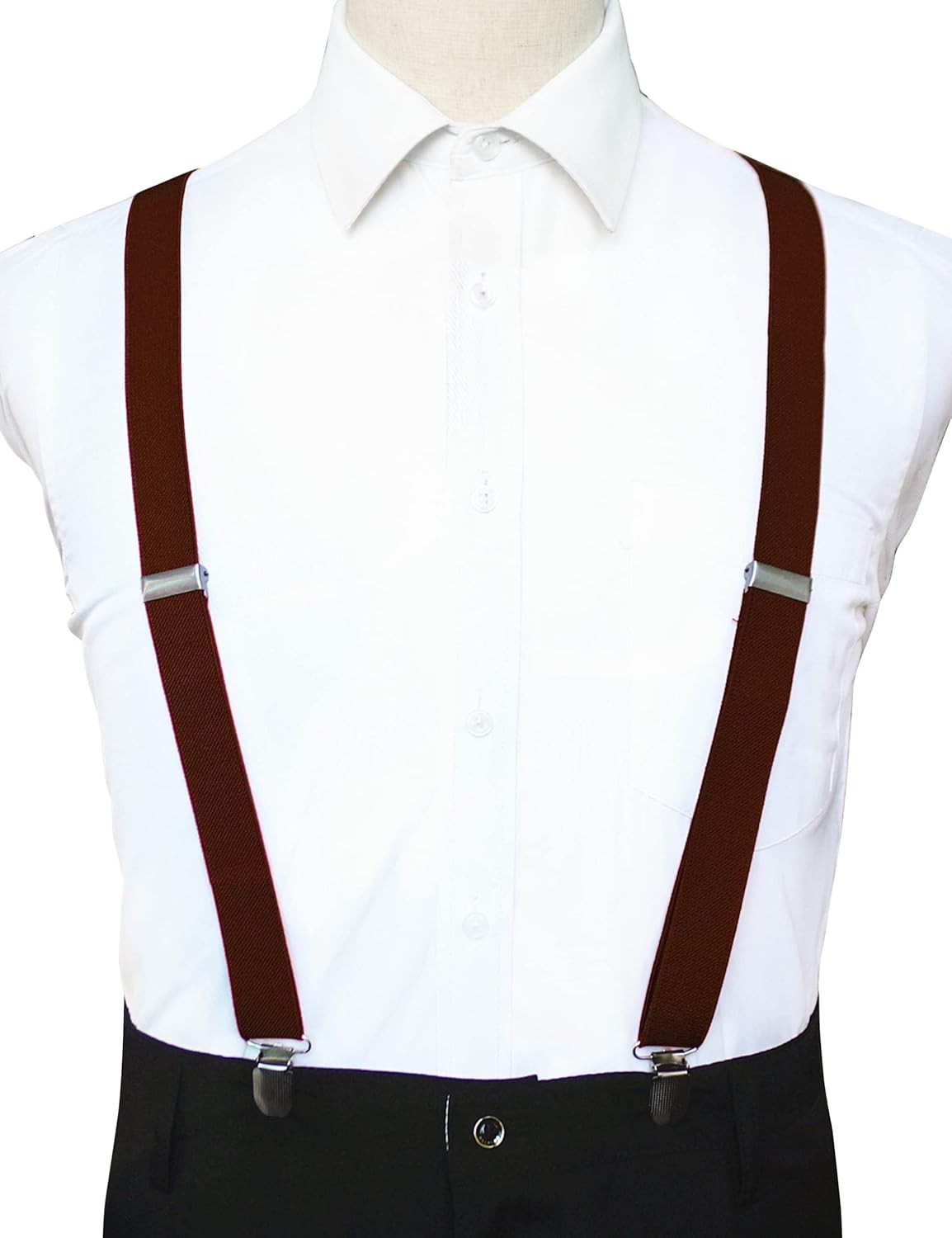 Solid Color Mens Suspender with 3 Strong Clips Adjustable Braces Brown