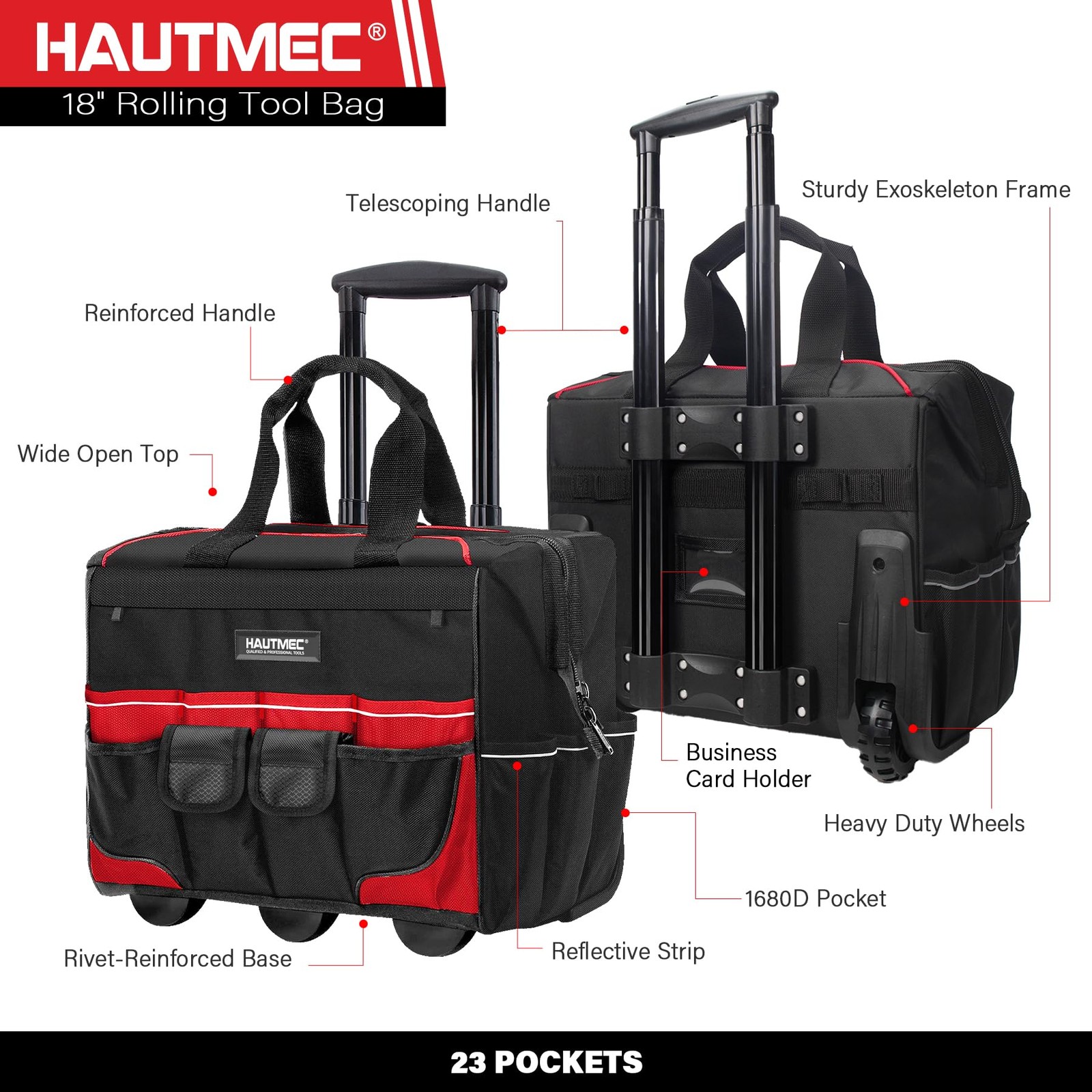 HAUTMEC 18″ Rolling Tool Bag with Wheels, Heavy-Duty 18 inch, 18-Inch | Black